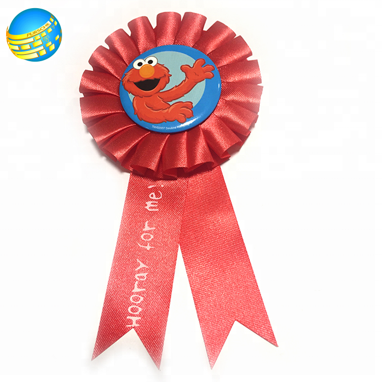 custom lovely round anime figure award rosette printed ribbons satin button rosette popular cartoon logo Tinplate Badge Pins