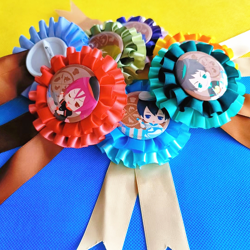 Custom Printed Logo Anime Award Ribbon Rosette With Tin Button Badge Two Layer Satin Corsage For Horse Show Metal Ribbon Badges