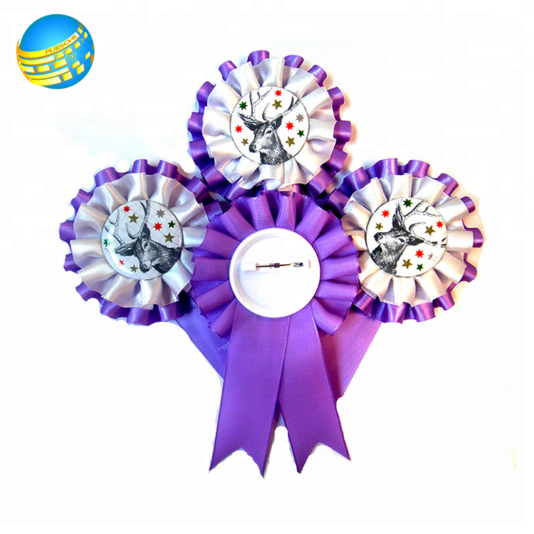 custom lovely round anime figure award rosette printed ribbons satin button rosette popular cartoon logo Tinplate Badge Pins