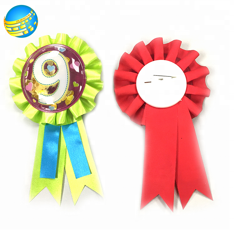 custom lovely round anime figure award rosette printed ribbons satin button rosette popular cartoon logo Tinplate Badge Pins