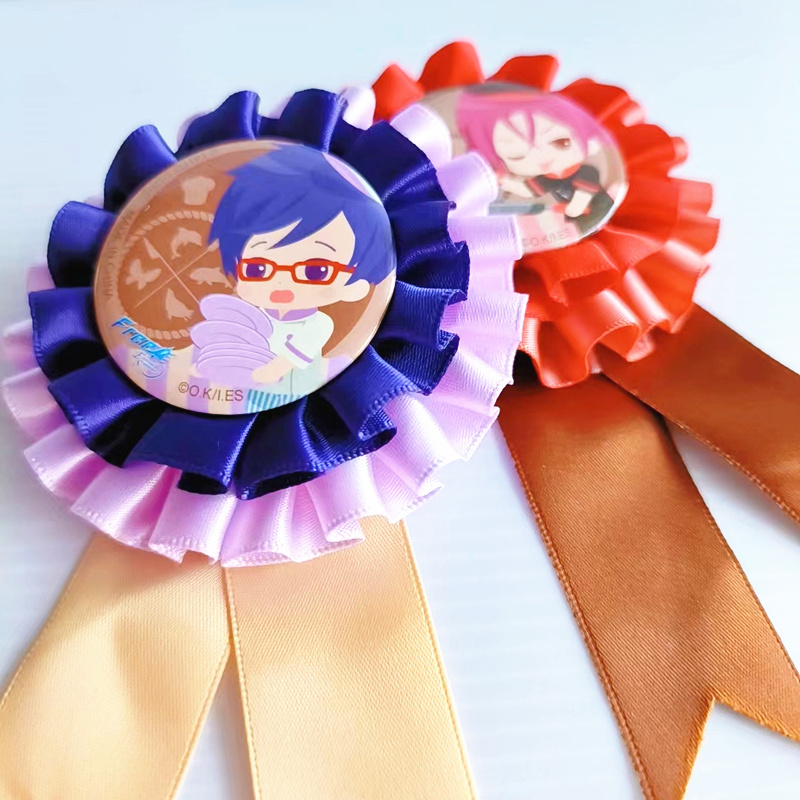 Custom Printed Logo Anime Award Ribbon Rosette With Tin Button Badge Two Layer Satin Corsage For Horse Show Metal Ribbon Badges