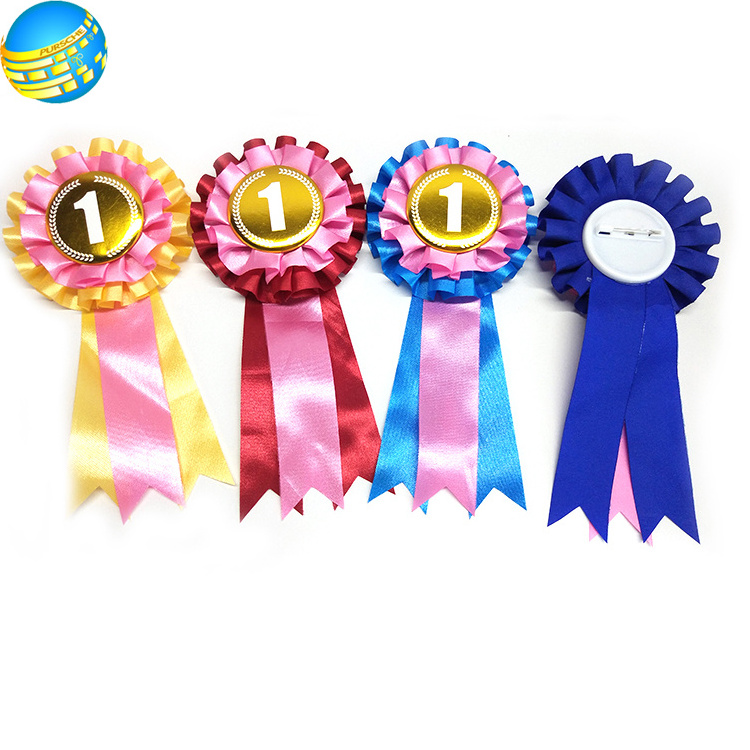 Ribbon Rosette Exquisite Fashion custom printing logo ribbon rosette with metal tin button badges award