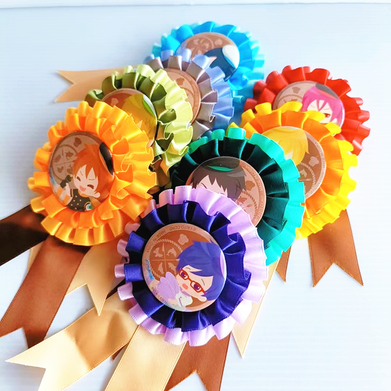 Custom Printed Logo Anime Award Ribbon Rosette With Tin Button Badge Two Layer Satin Corsage For Horse Show Metal Ribbon Badges