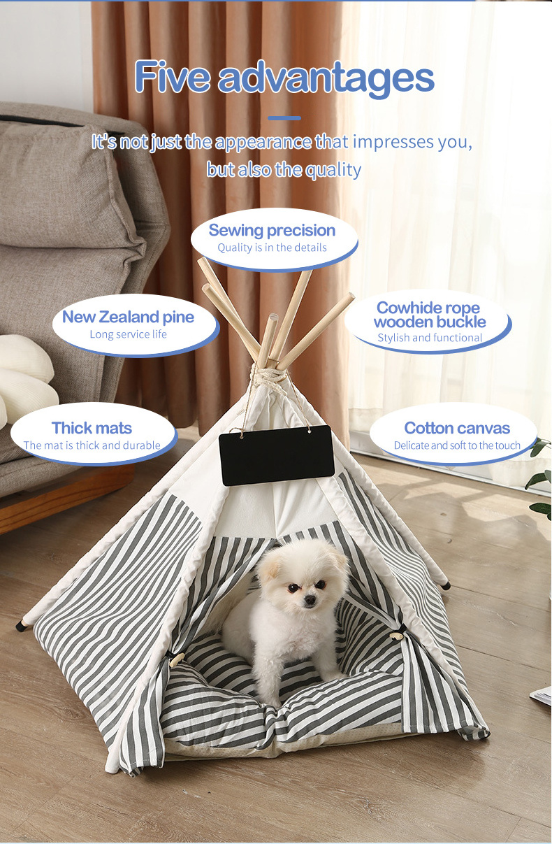 Wholesale Modern Wooden Triangle Pet Teepee Cushion Small Animal Luxury Dog House Cat Nest Bed Hot Sale Removable Cover Soft Bag