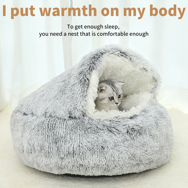 Wholesale Custom Soft Faux Fur Pet Bed Luxury Fluffy Plush Cave Hood for Cats and Dogs Small Size Removable Cover Animal Print