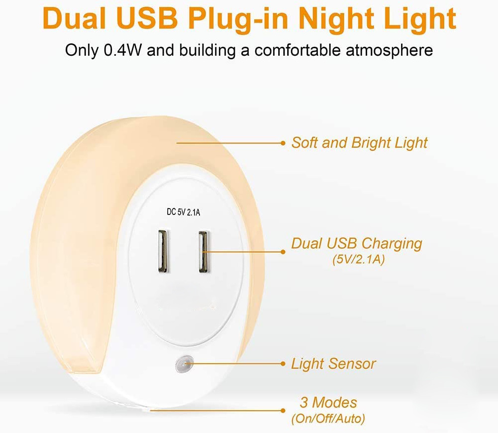 LED Plug in Night Light with Light Sensor and 2.1A Dual USB Socket Wall Plate Fast Charger