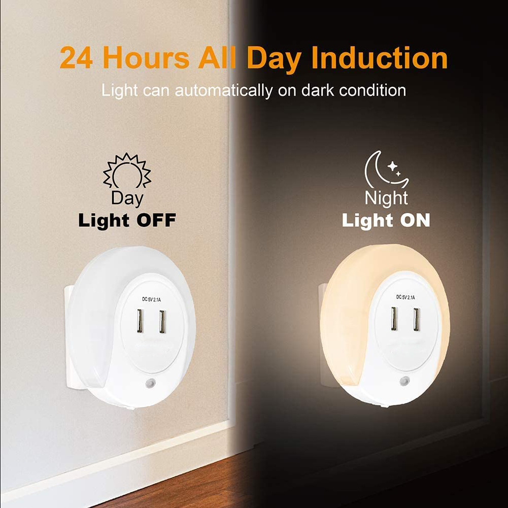 LED Plug in Night Light with Light Sensor and 2.1A Dual USB Socket Wall Plate Fast Charger