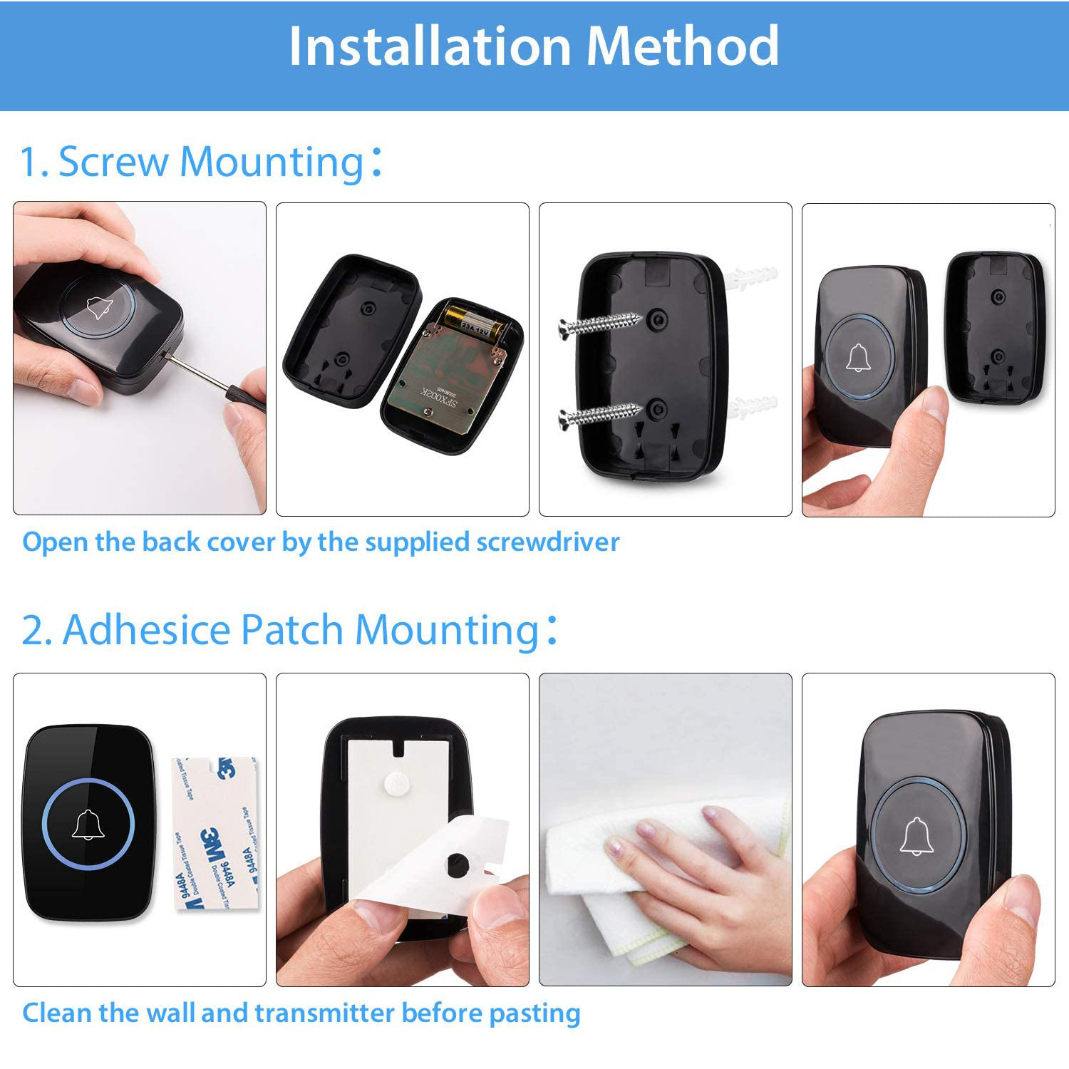 Wireless Doorbell, 1000ft Long Range Door Chime, IP44 Waterproof Electric, 1 Push Button