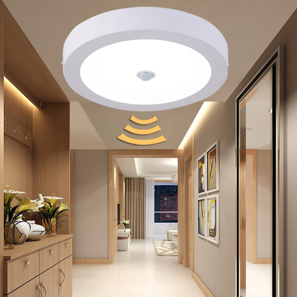 12W PIR Motion Sensor Round Surface Mount LED Panel Ceiling Light for Bathroom Garage Hallway Basement Porch Corridor Stairs