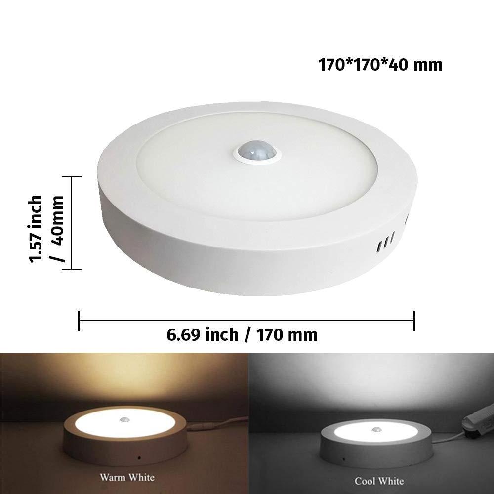 12W PIR Motion Sensor Round Surface Mount LED Panel Ceiling Light for Bathroom Garage Hallway Basement Porch Corridor Stairs