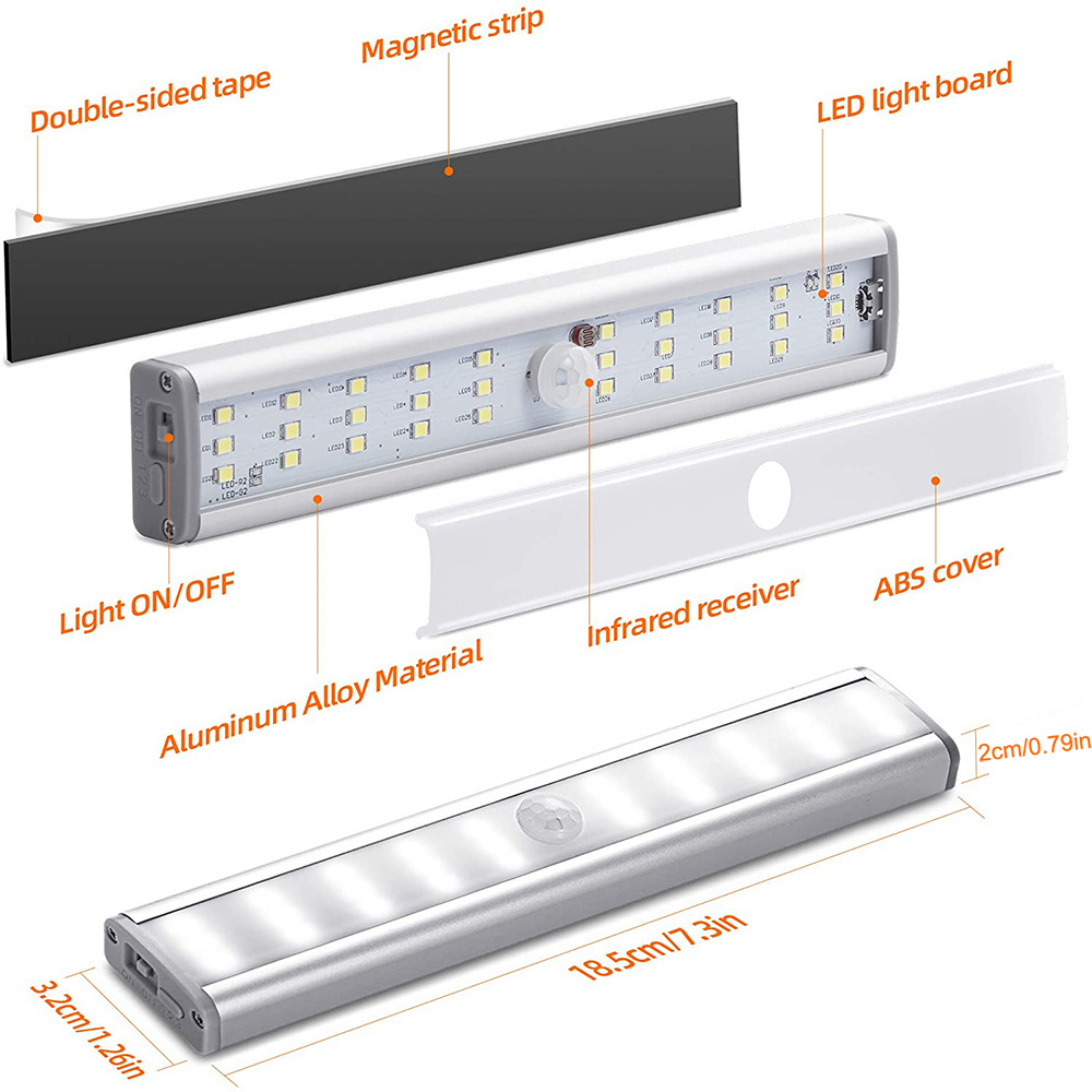 30 Led Under Self-Adhesive Closet Lights With Usb Cable, Portable Rechargeable Closet Light with PIR Motion Sensor