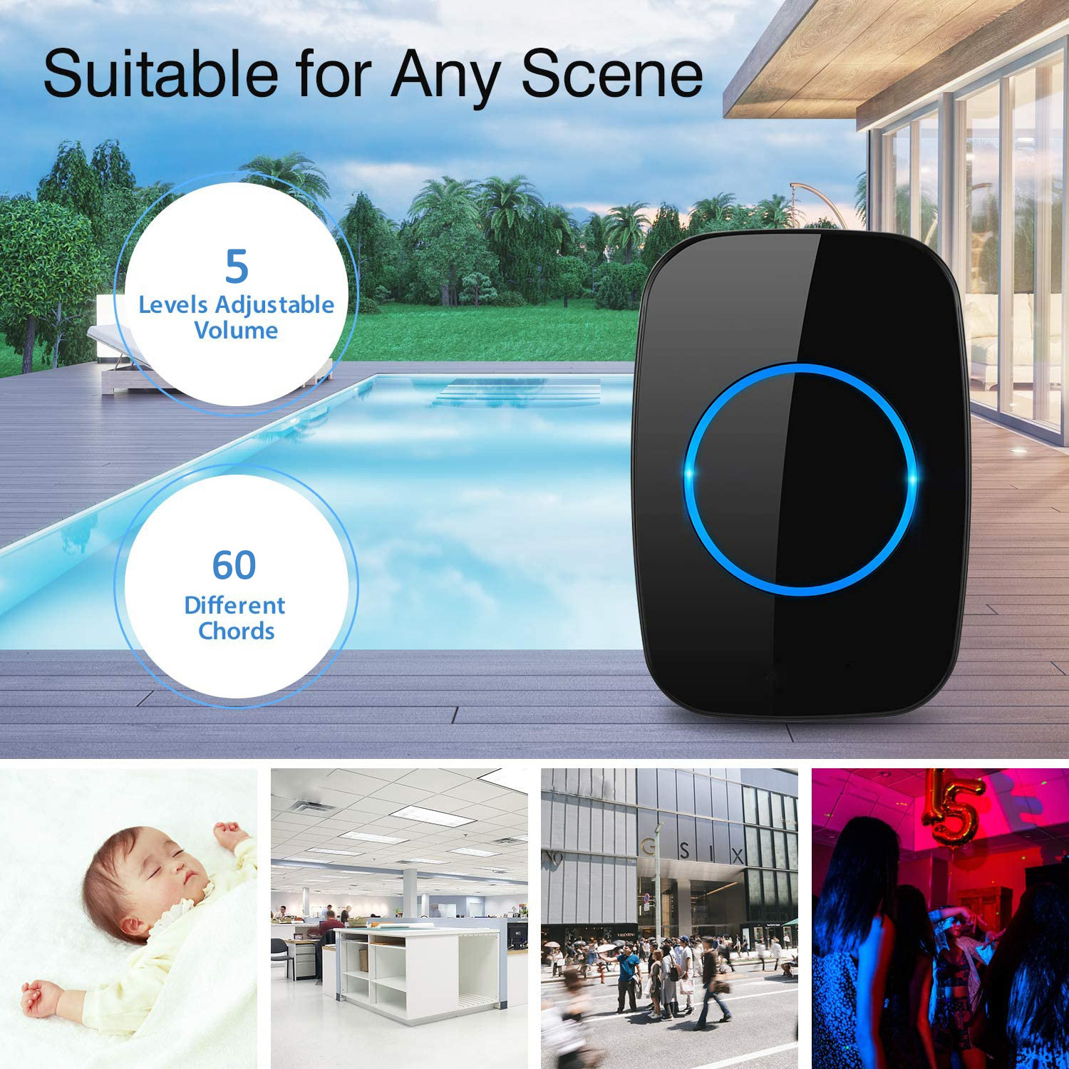 A10 EU Plug Waterproof LED Home Wireless Doorbell, 300M Long Range smart Door Bell Chime battery 1 button 2 receiver