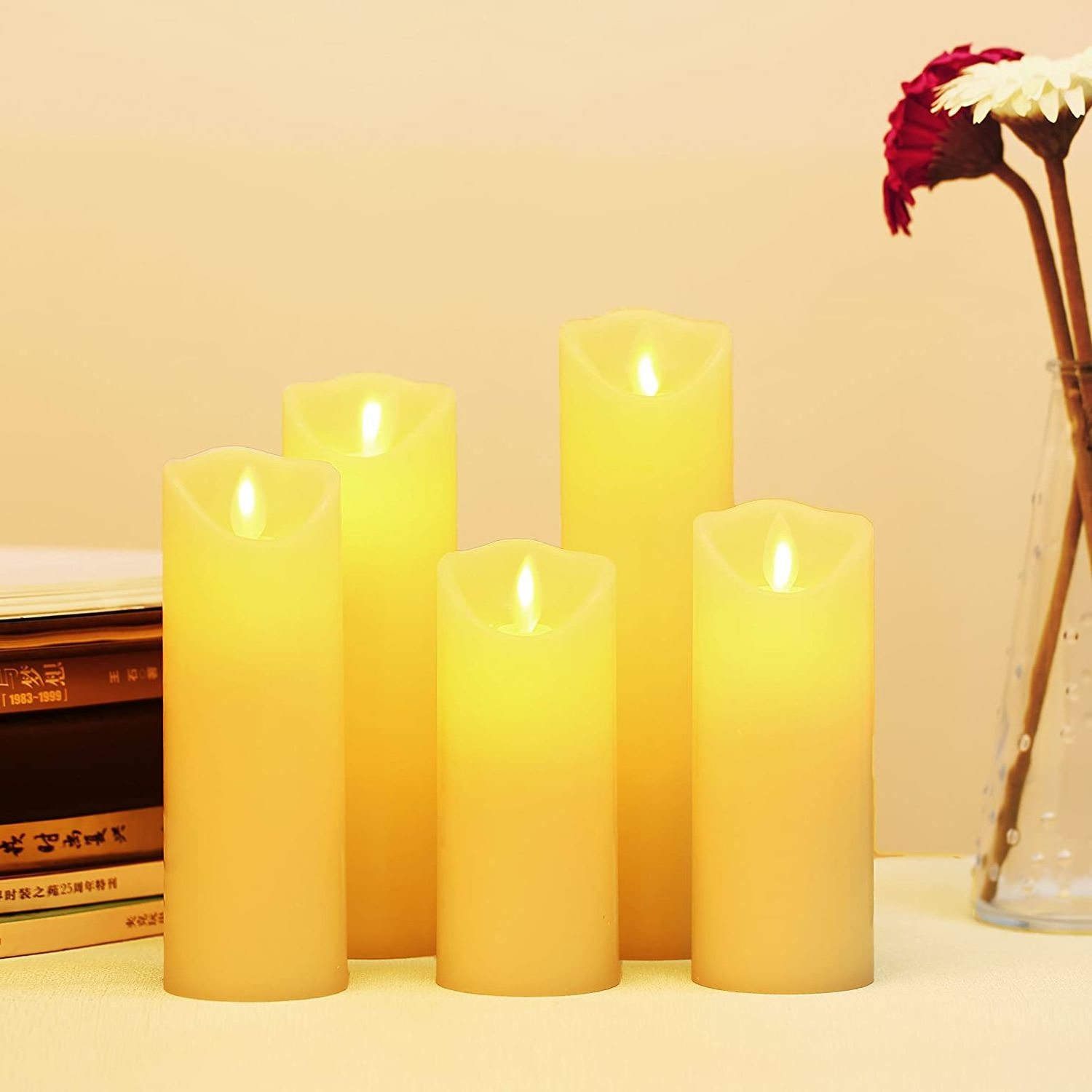 LED Candles, Flameless Candles Set of 5 Real Wax Battery Candle Pillars, 10 Key Remote Control with Timer Function