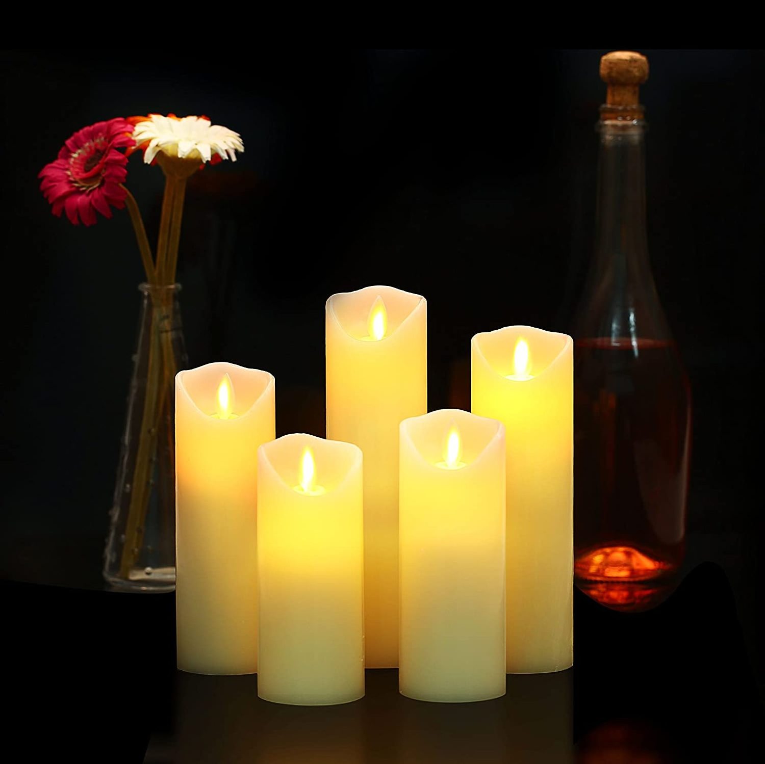 LED Candles, Flameless Candles Set of 5 Real Wax Battery Candle Pillars, 10 Key Remote Control with Timer Function