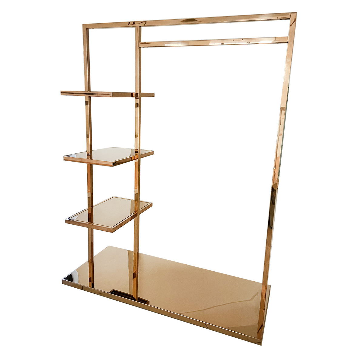 Customized Metal Floor standing Rose Gold Clothing with Wheels Handbag Display Goods Shelves