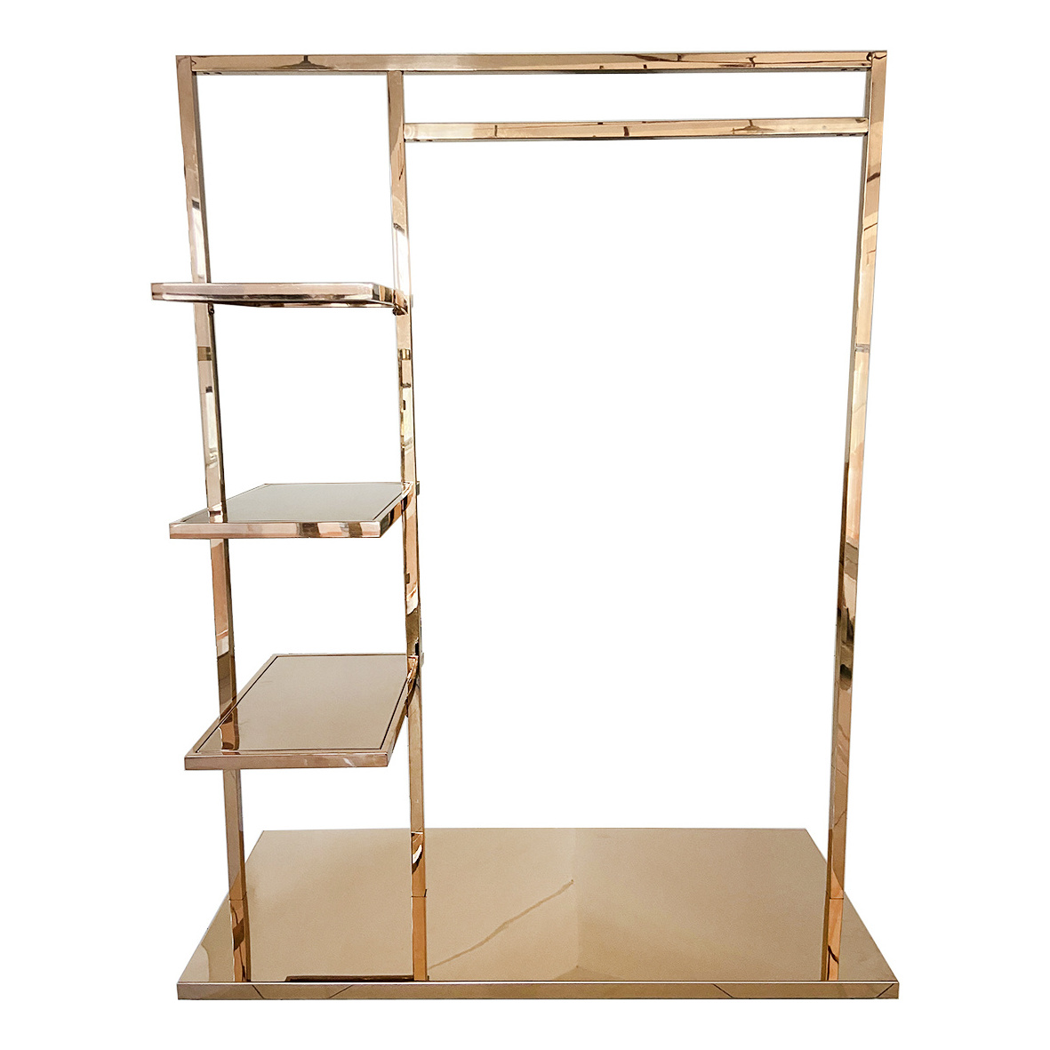 Customized Metal Floor standing Rose Gold Clothing with Wheels Handbag Display Goods Shelves