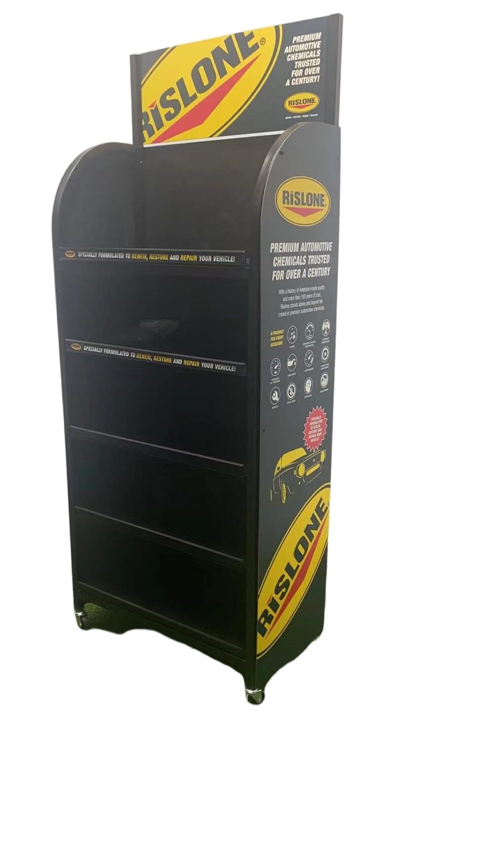 high quality floor standing car battery display with wheels rack