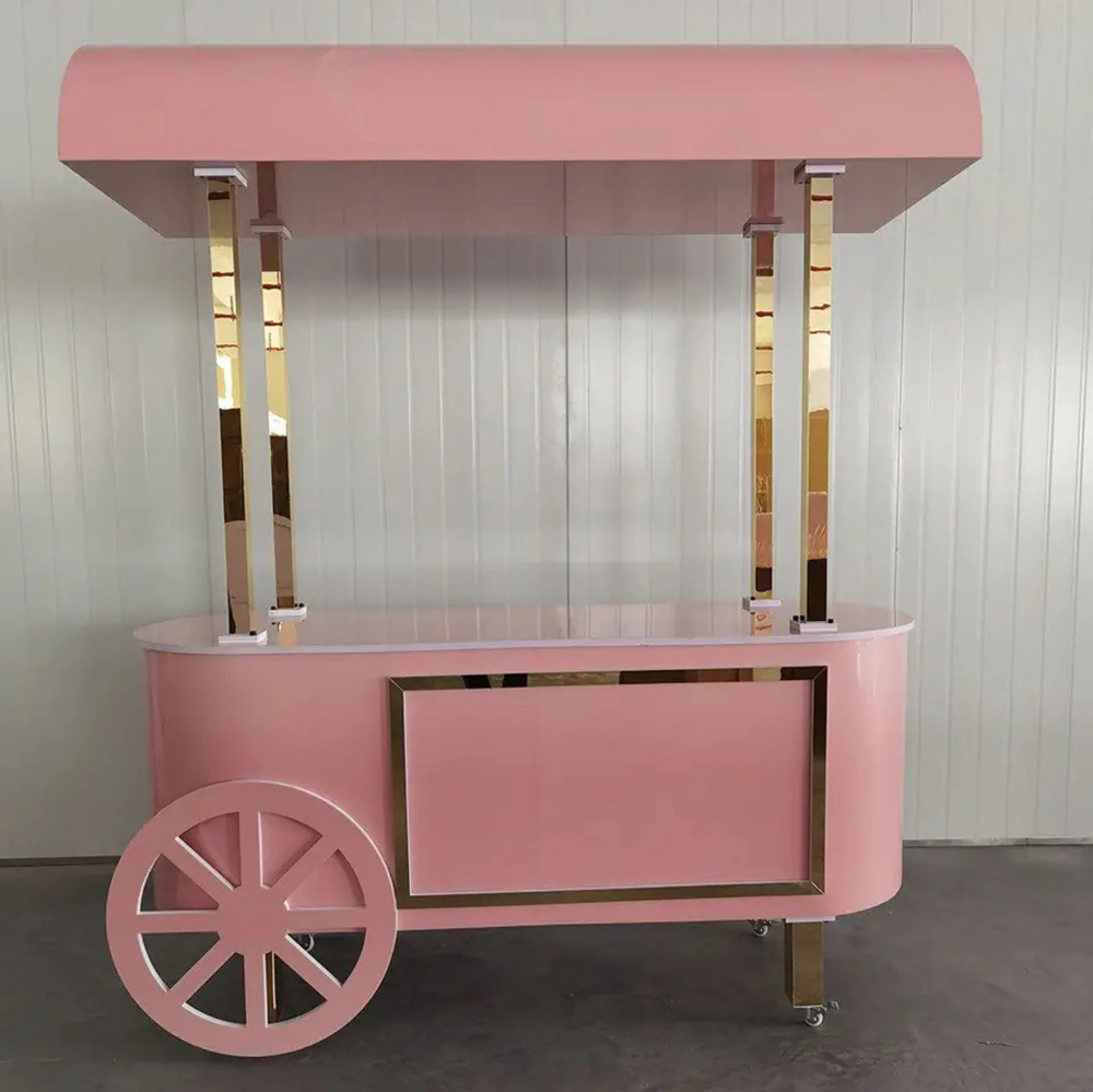 Gold Glossy Unique Wooden Acrylic Dessert Display Candy Cart For Sale