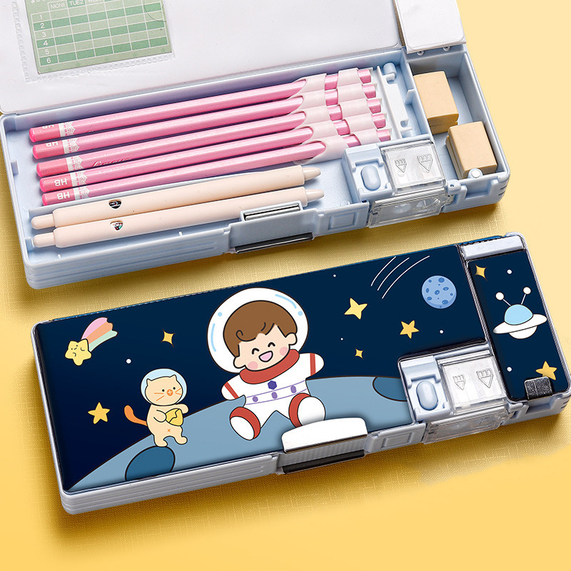 POSH DREAMS Children's Multifunctional Pencil Box Kindergarten Plastic Double Layer Pencil Box