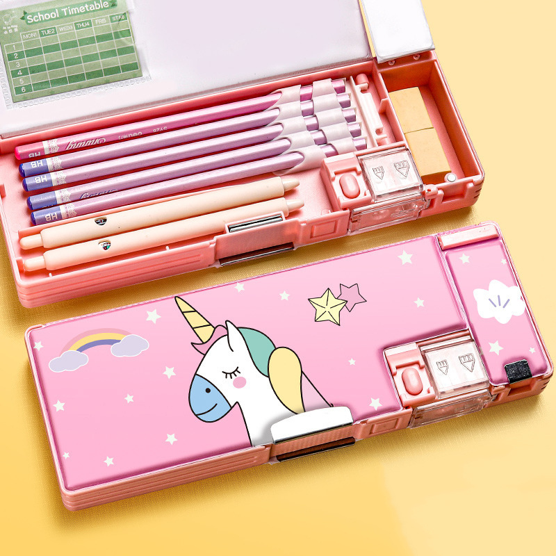 POSH DREAMS Children's Multifunctional Pencil Box Kindergarten Plastic Double Layer Pencil Box