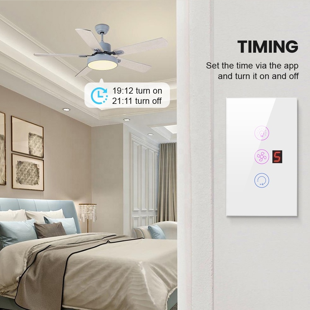 US/EU Tuya Wifi Smart Wall Fan Light Switch Ceiling Lamp Voice Remote Control Speed Control Electrical Fan Light Touch Switch