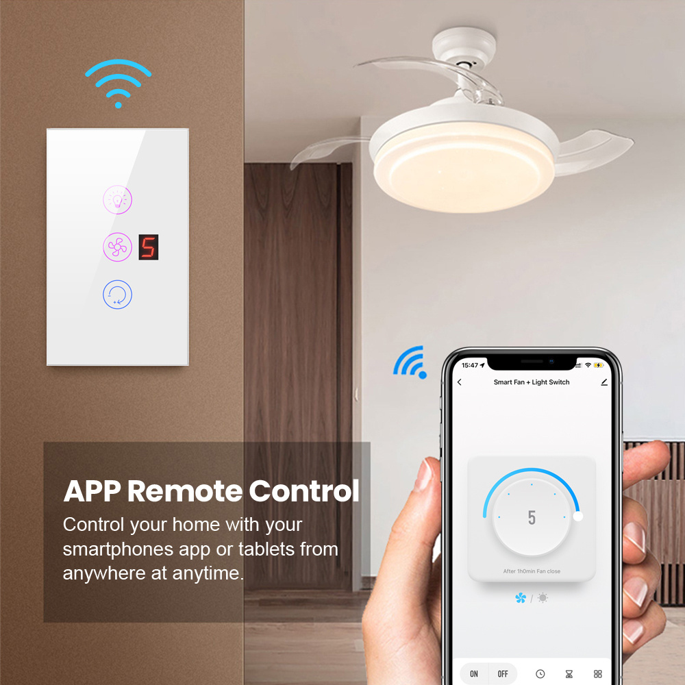 US/EU Tuya Wifi Smart Wall Fan Light Switch Ceiling Lamp Voice Remote Control Speed Control Electrical Fan Light Touch Switch