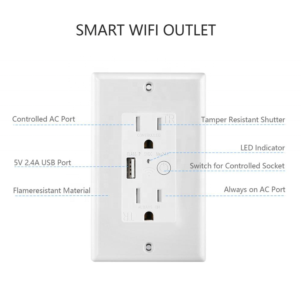 New Design 2 Way Double Power Home Outlet 15A Tuya Timer APP WiFi Smart Wall USB Socket Switch