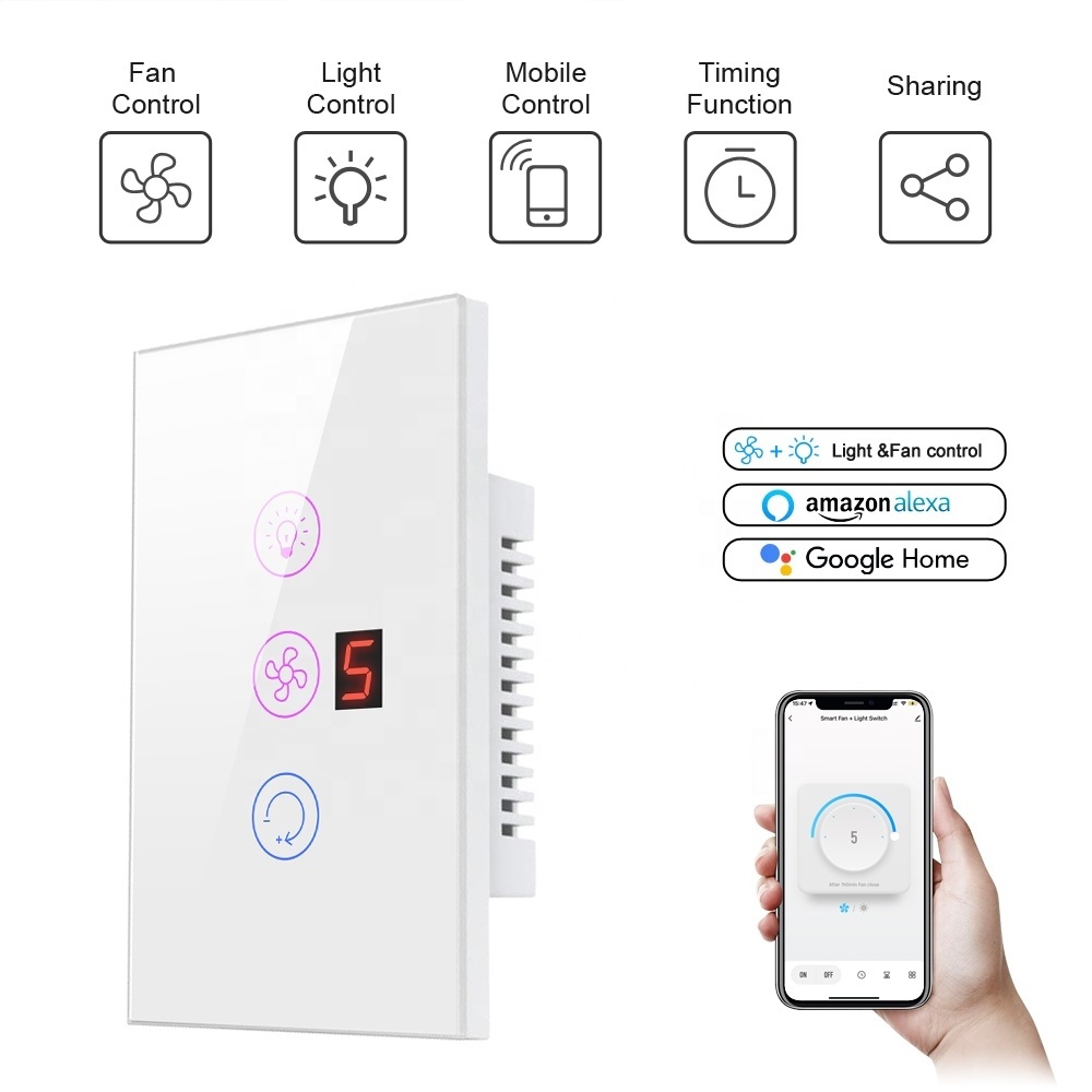 US/EU Tuya Wifi Smart Wall Fan Light Switch Ceiling Lamp Voice Remote Control Speed Control Electrical Fan Light Touch Switch