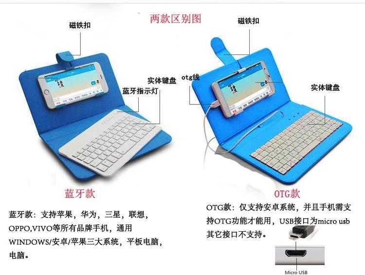 Portable PU Leather Wireless Keyboard Case for Mobile Phone and Tablet pc Blue tooth BT Keyboard