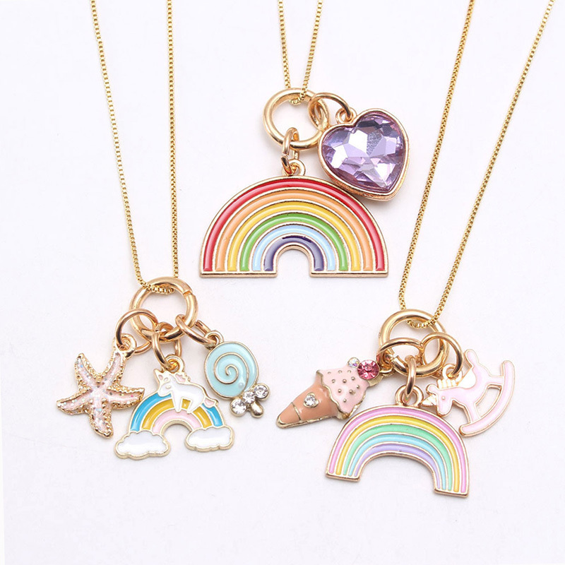 In stock children jewelry rainbow design kids gift alloy pendant girls chain necklace