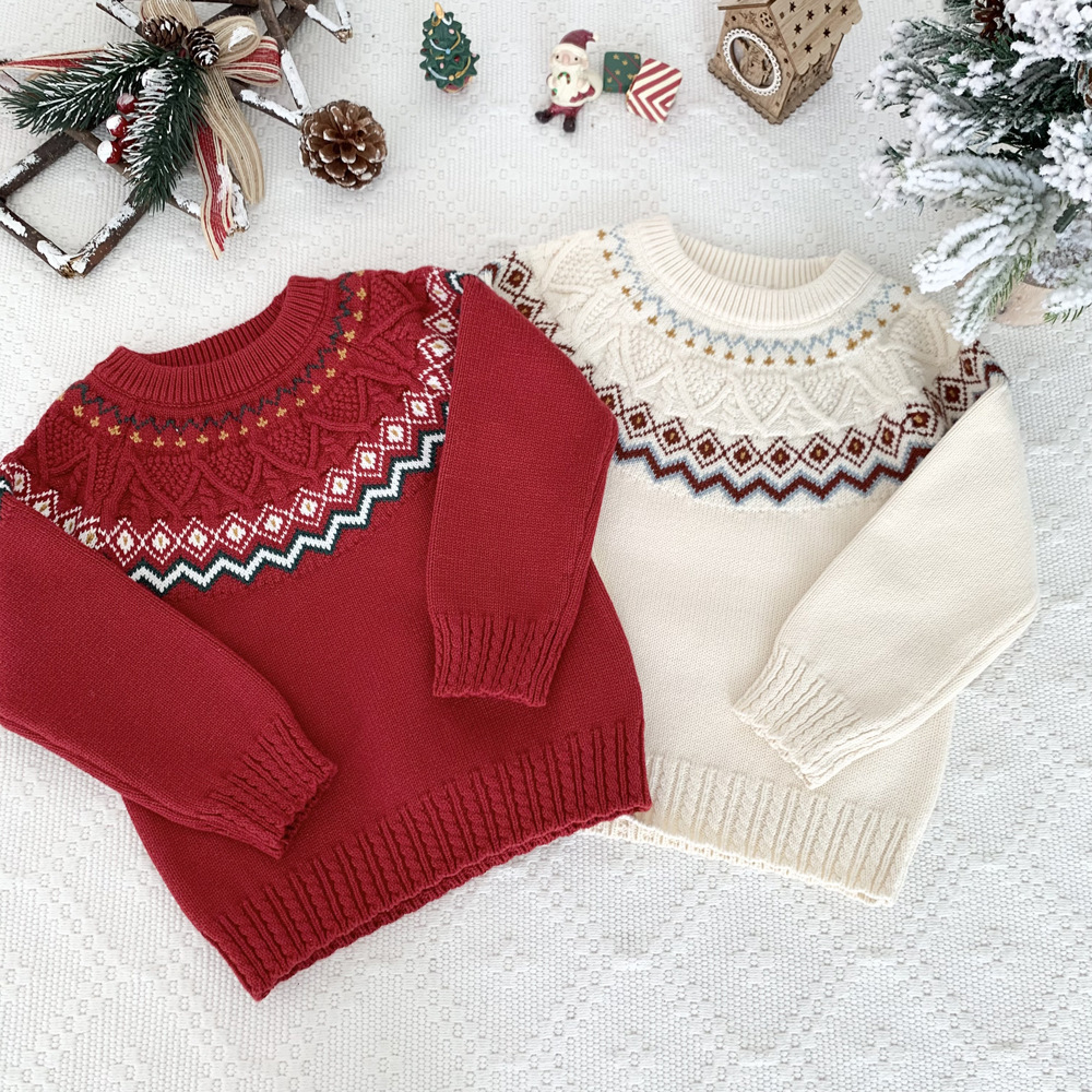 Hot selling item red and white Christmas knitted pattern cute cardigan boys and girls sweater