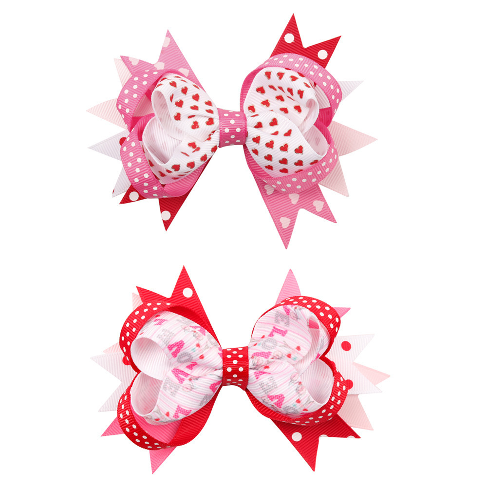 Valentine's Day Hair Clip Hot Sale Boutique Print Heart Grosgrain Ribbon girl Hair Accessories  cute hair bows For Kids