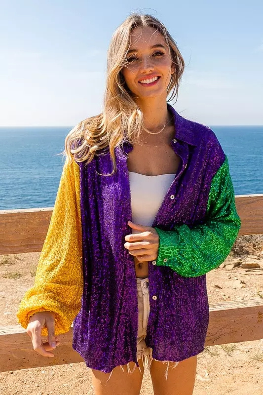 Mardi Gras Sequin Color Block Tunic Shirts Oversized Purple Gold Green Sequin Blouse Jacket