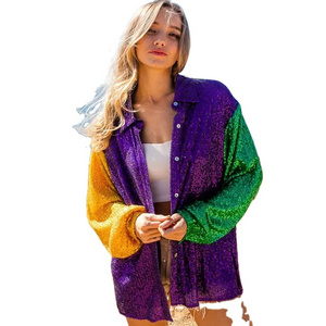 Mardi Gras Sequin Color Block Tunic Shirts Oversized Purple Gold Green Sequin Blouse Jacket