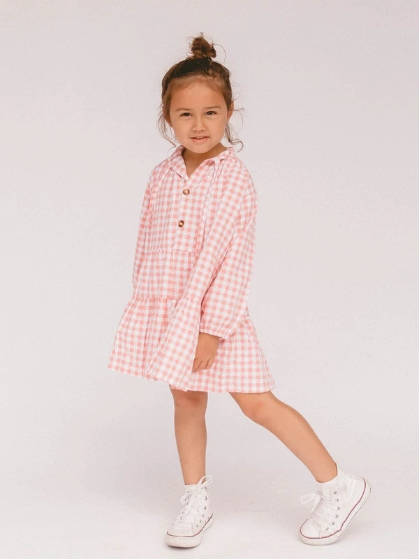 Classical Beige Gingham Girls Long Sleeve Dress Boho Tiered A Line Toddler DRESS