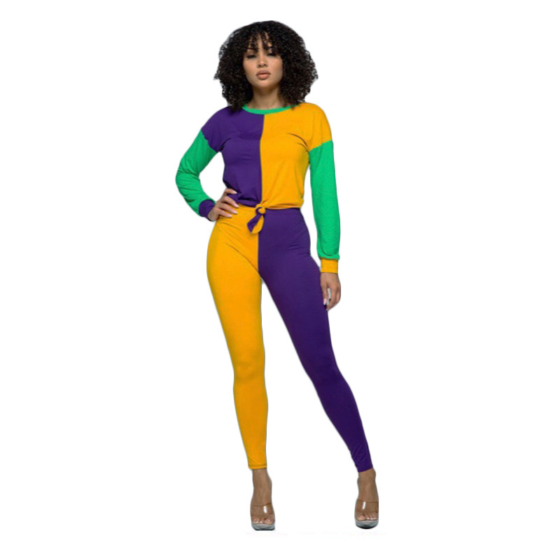 Contrast Color Block Woman 2pcs Clothing Set Tie Knot Shirts Leggings Mardi Gras Outfits