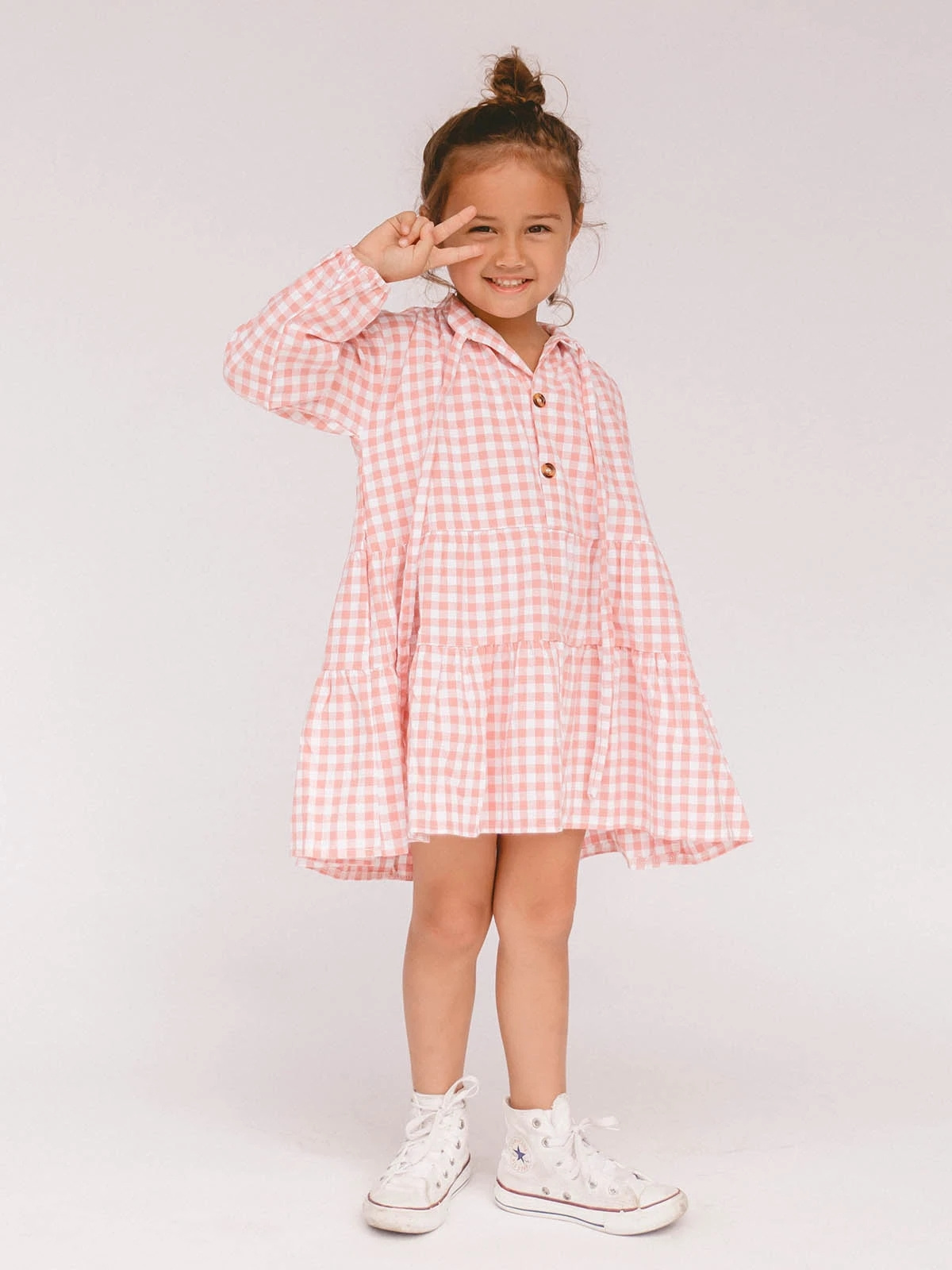 Classical Beige Gingham Girls Long Sleeve Dress Boho Tiered A Line Toddler DRESS