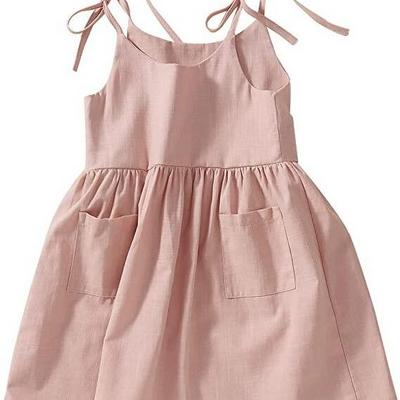 Custom Toddler Baby Girl Summer Cotton Linen White Dresses Bow Straps Sleeveless with Pockets Little Girls Beach Sundress