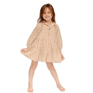 Classical Beige Gingham Girls Long Sleeve Dress Boho Tiered A Line Toddler DRESS