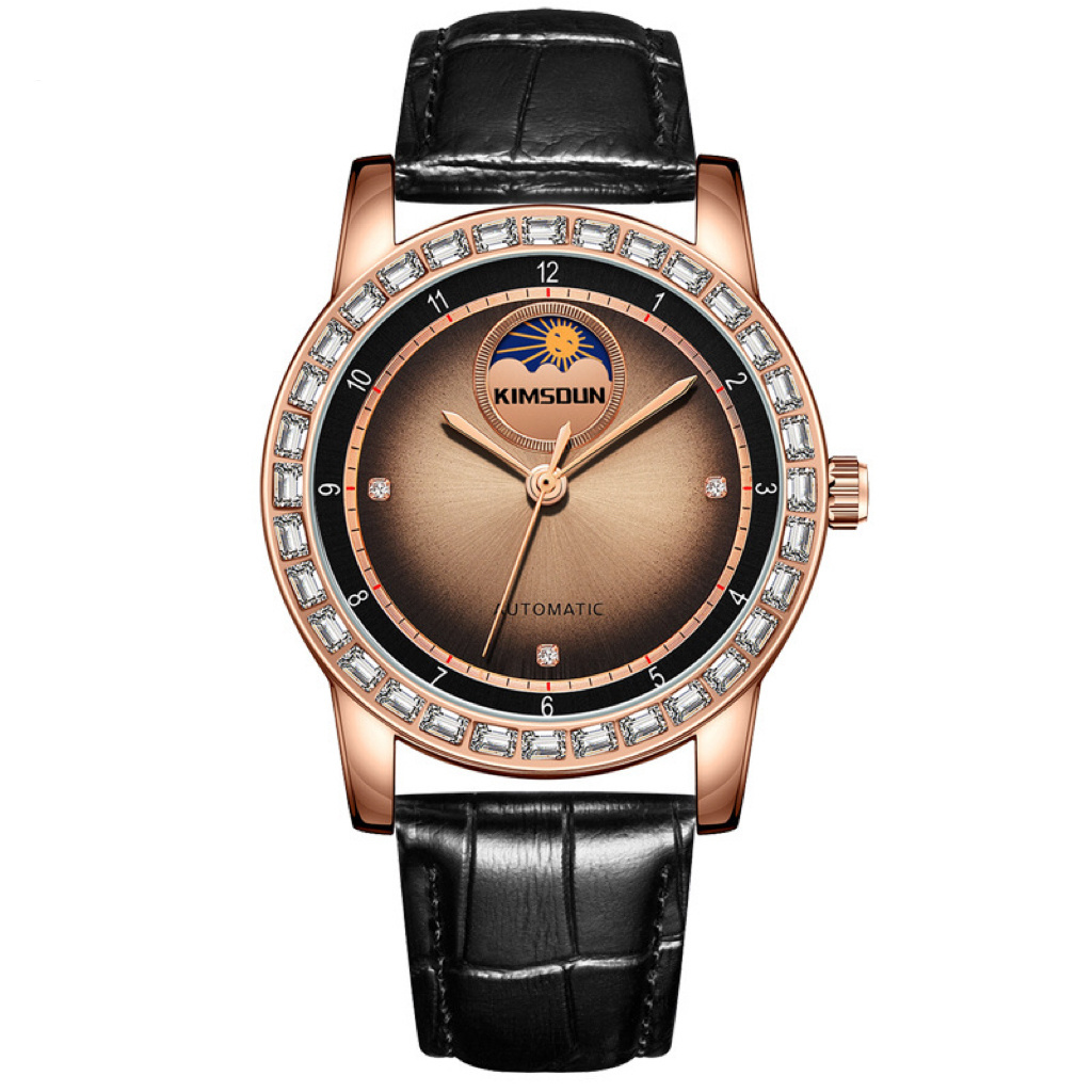 Unique Design Rose Gold Case Gradual Change Coffee Color Sunray Dial Moon Phase Function Custom Automatic Watch