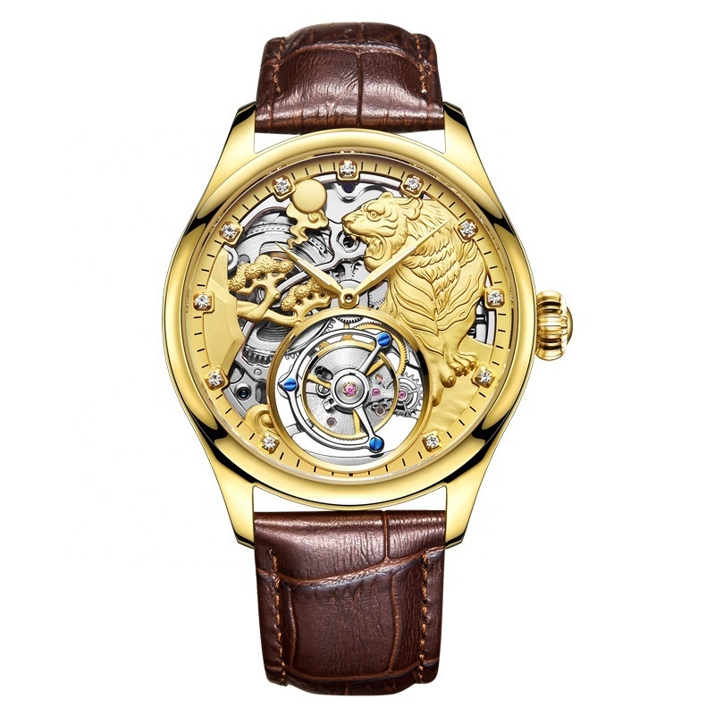 Chinese Zodiac 3D Tiger Design 18k 24k Gold Crystal Diamond Watch Dial Indexes Flying Tourbillon Watch