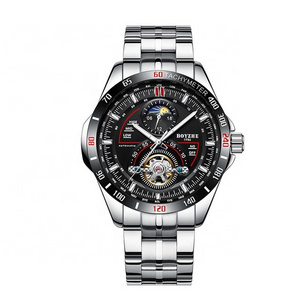 Stainless Steel Band Full Black Bezel Black And Red Design Tachymeter Business Men Wrist Tourbillon Automatic Watch