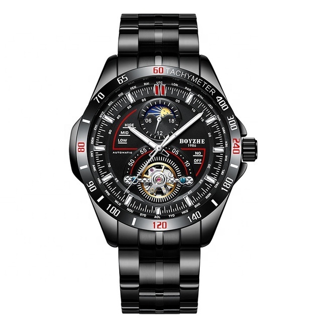 Stainless Steel Band Full Black Bezel Black And Red Design Tachymeter Business Men Wrist Tourbillon Automatic Watch