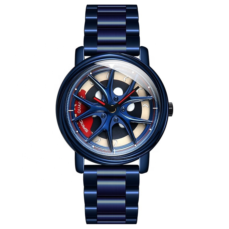 360 Rotating Flying Wheel Hub 3d Car Watch Metallic Blue Case And Band Crash Brake Disc Instrument Panel watches