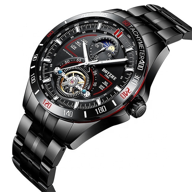 Stainless Steel Band Full Black Bezel Black And Red Design Tachymeter Business Men Wrist Tourbillon Automatic Watch