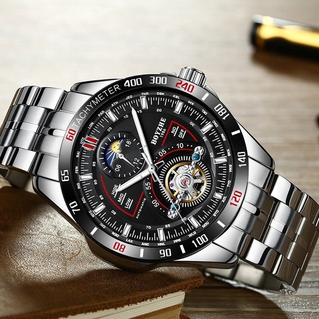 Stainless Steel Band Full Black Bezel Black And Red Design Tachymeter Business Men Wrist Tourbillon Automatic Watch