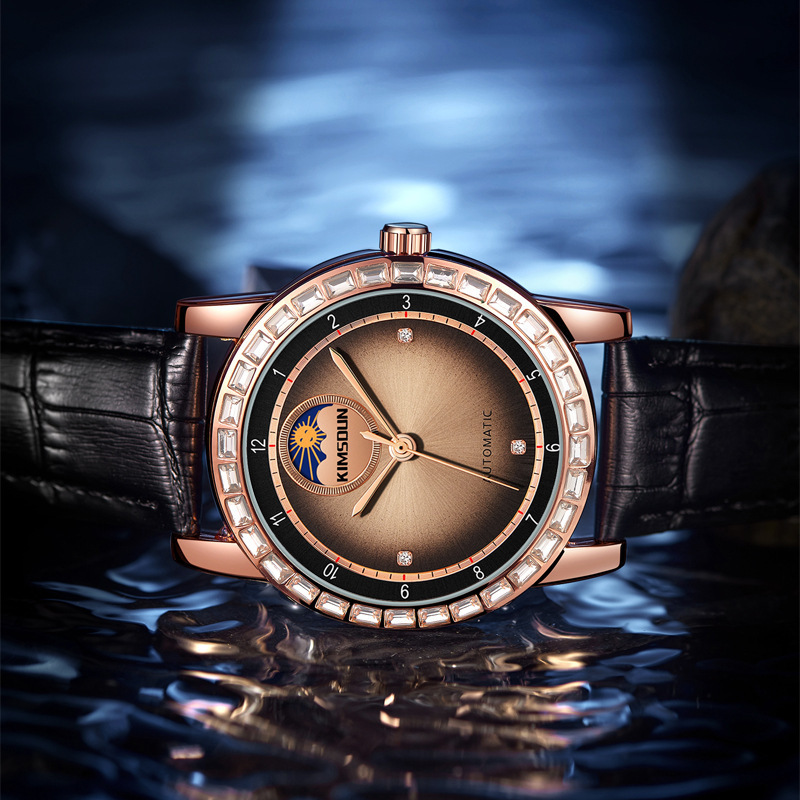 Unique Design Rose Gold Case Gradual Change Coffee Color Sunray Dial Moon Phase Function Custom Automatic Watch