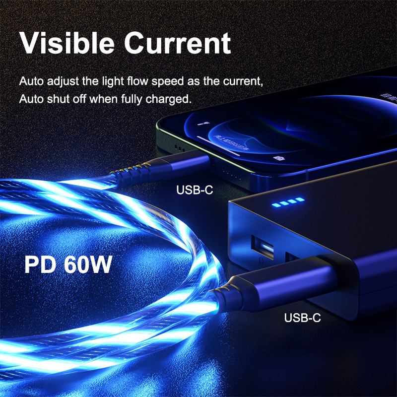 LC1A PD 60W USB C To USB C LED Smart Flowing Light Charger Cables Max 20V 3A Streamer Super Fast Charging Type C Data Cable