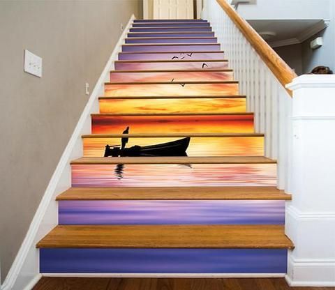 Custom stair stickers with 3D Flowers Mountain Sunset Stair  Wallpaper styles of self-adhesive stickers