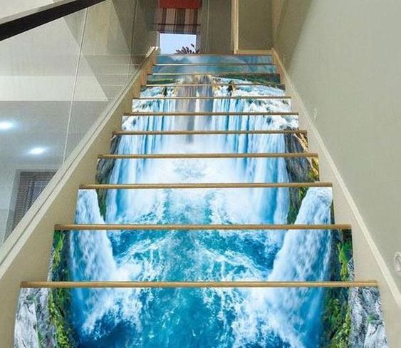 custom printed waterfall stair wall decoration promotion product adhesive vinyl 3d stair riser decals